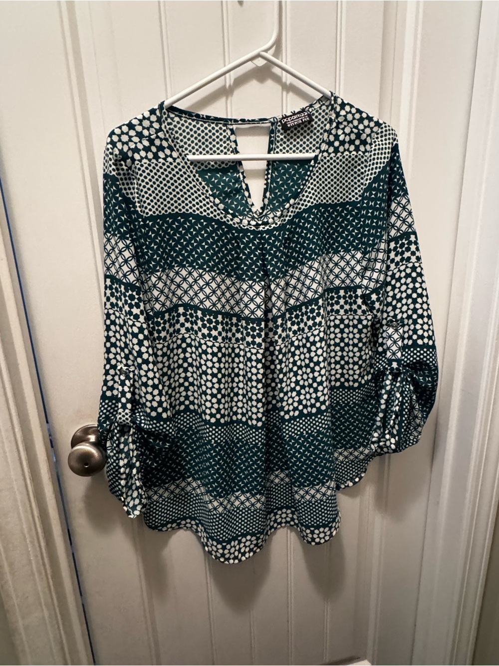 Kensie Teal and White Mixed-Print Long-Sleeve Tunic